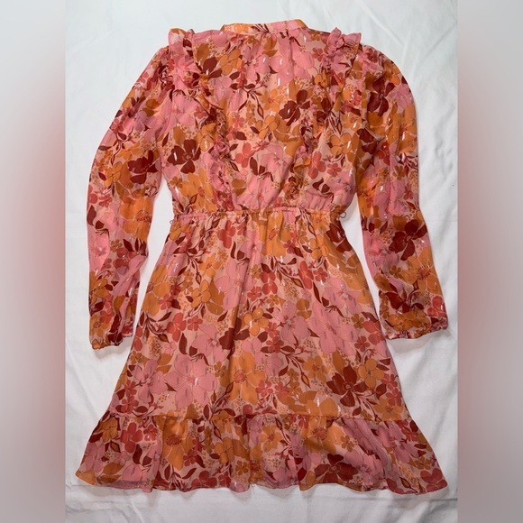 LC Lauren Conrad Size S Pink & Orange Floral Ruffle Button Front Mini Dress - Picture 9 of 10
